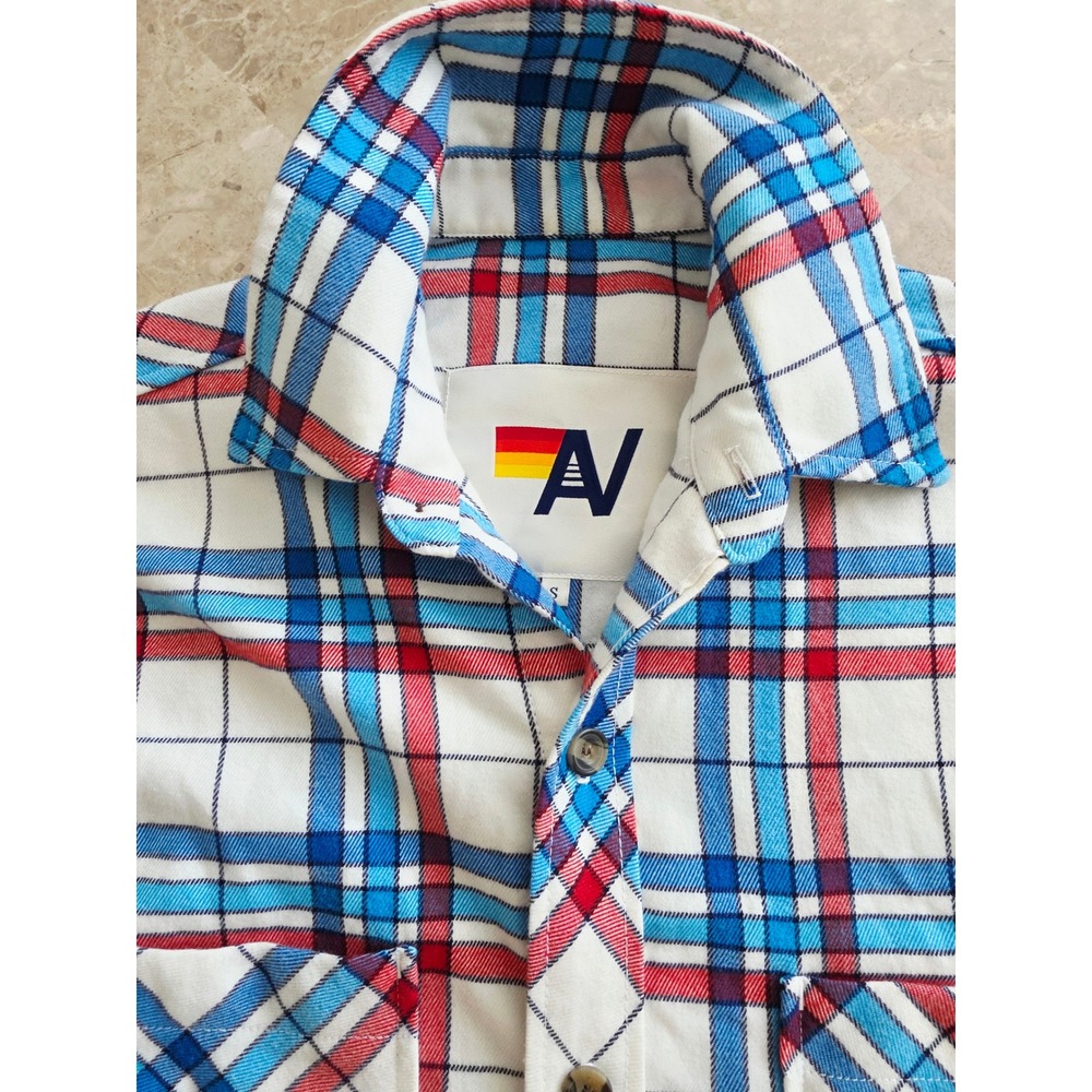 Aviator Nation Mens Plaid Flannel Shirt Red Blue White Frayed Hem Small USA - Picture 2 of 14